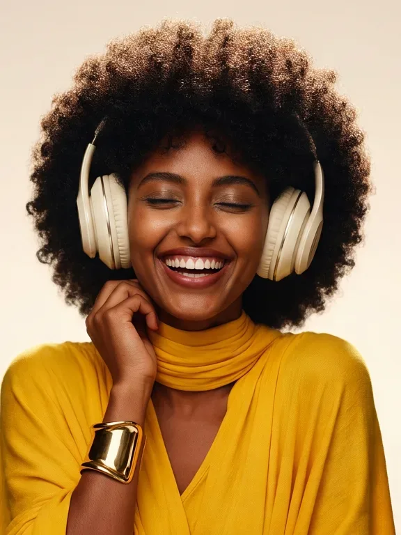 AI-generated sample ad: Liya B. with Headphones